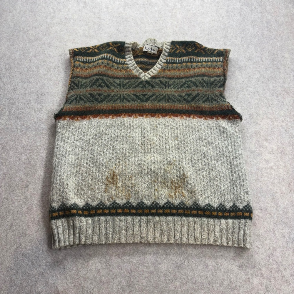 Vintage BKLE Fair Isle Wool Blend Sweater Vest Tan Large USA Made Cottagecore
